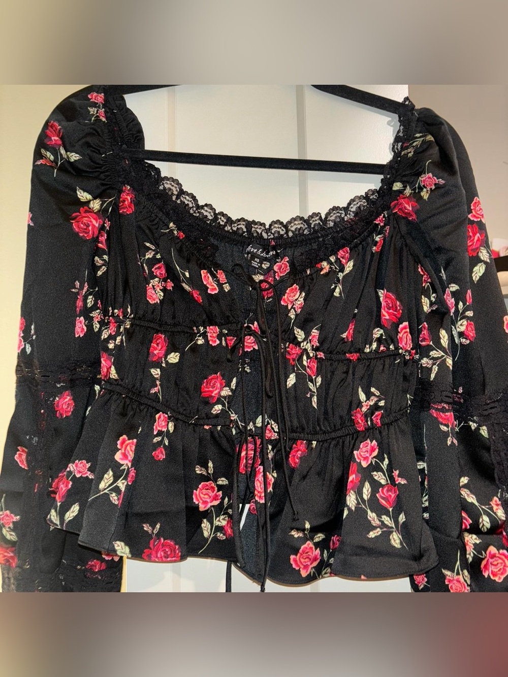 For Love & Lemons Black Floral Peasant Blouse with Red Rose Print